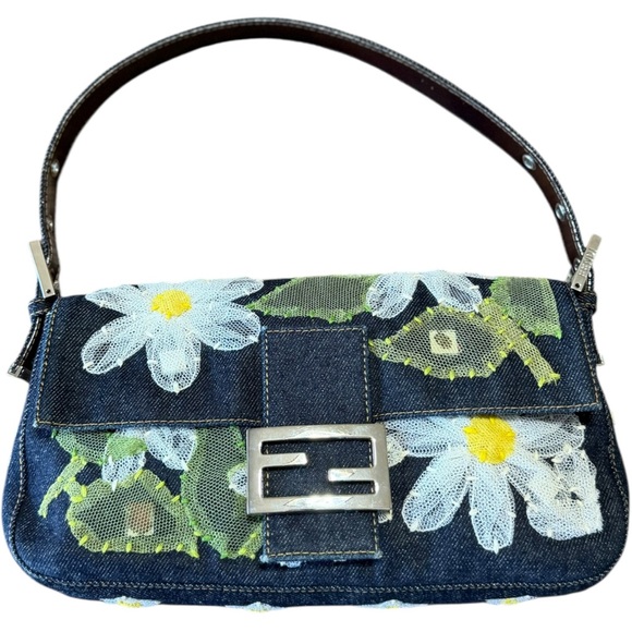 Vintage Fendi Daisy Embroidered Denim Baguette Flower Mesh Appliqué Y2K Bag - Picture 2 of 16